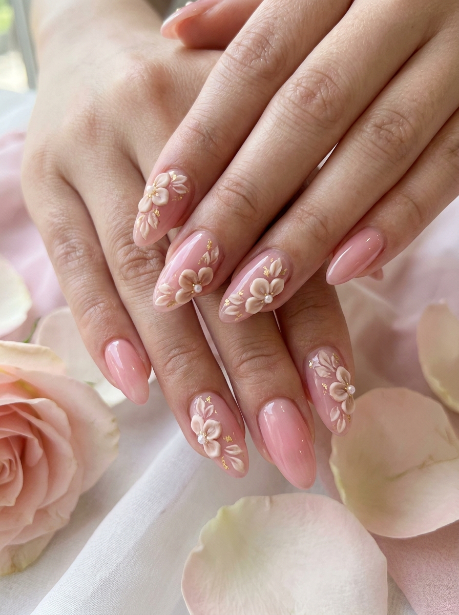 Rosa Nägel mit 3D-Blüten